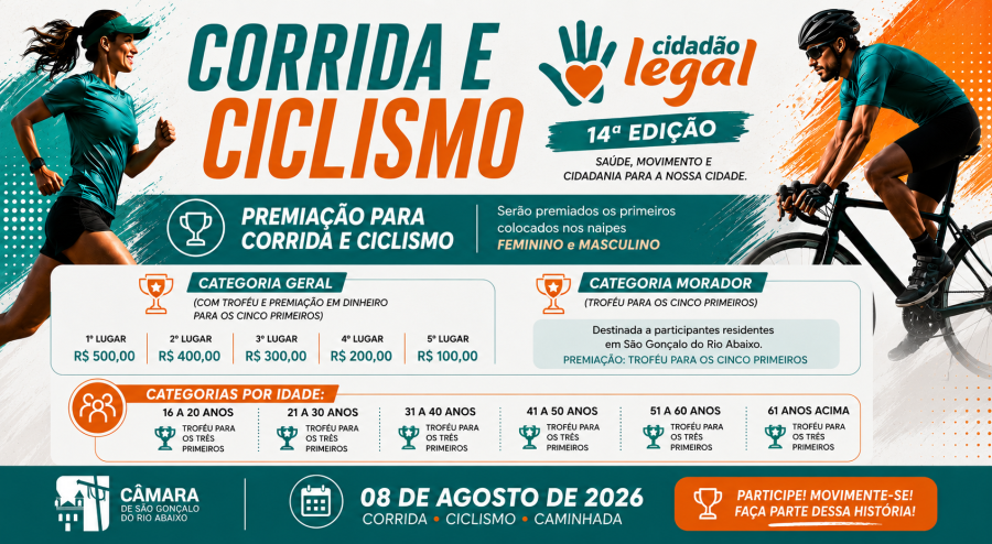 Cidadão Legal 2026 terá premiação em dinheiro para corrida e ciclismo em São Gonçalo Do Rio Abaixo